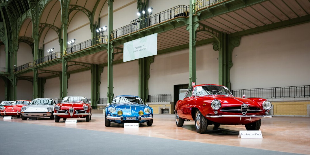Grand exhibition hall set up for a classic automobile showcase